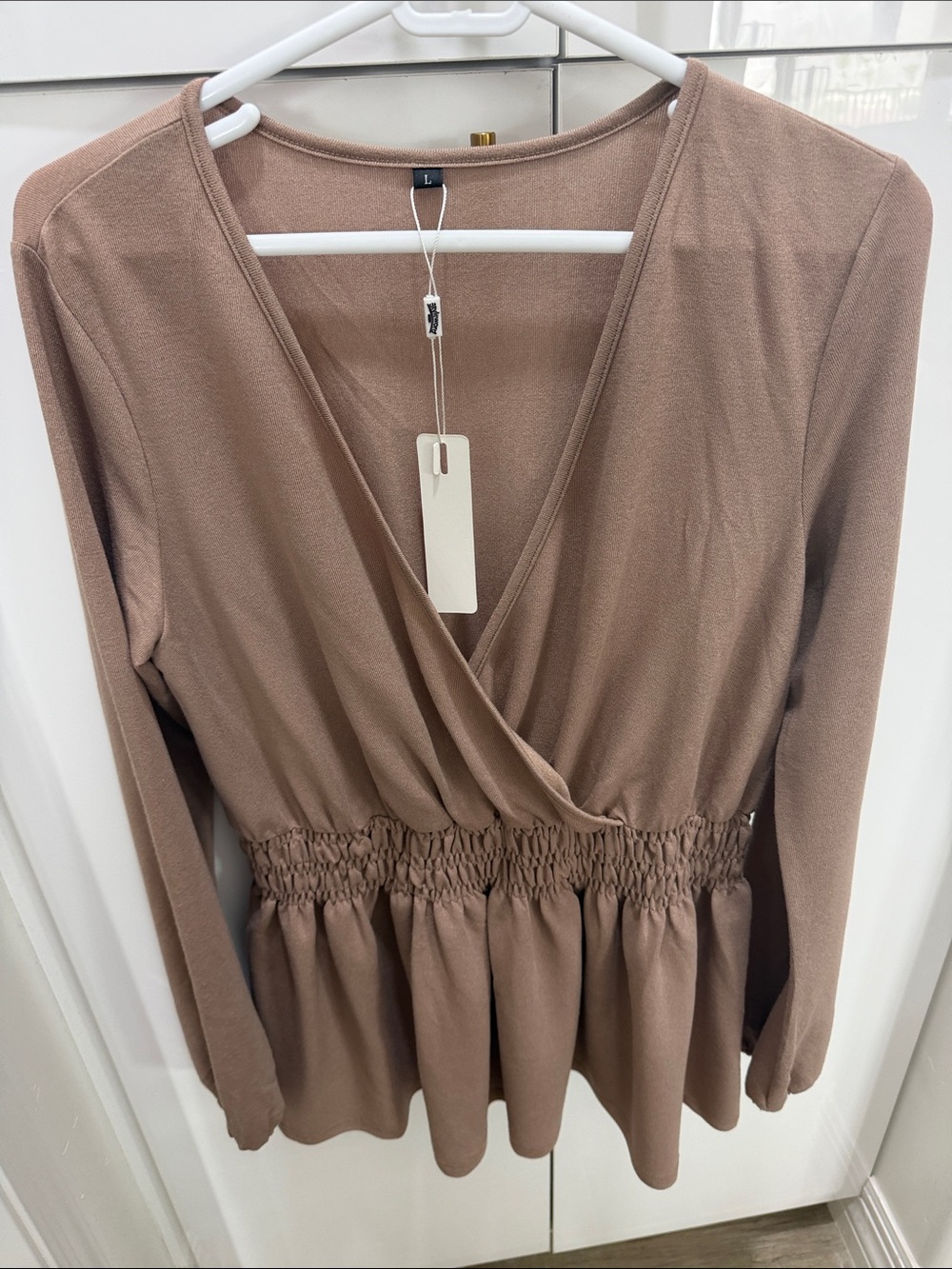Women's Brown Long-Sleeve Wrap Peplum Top #0133
